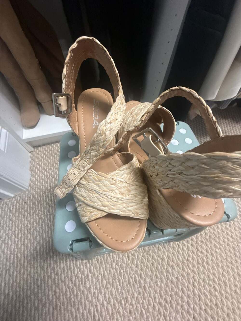 Soda Wedge Sandals Size 5.5 Beige Woven Straw Ankle Strap